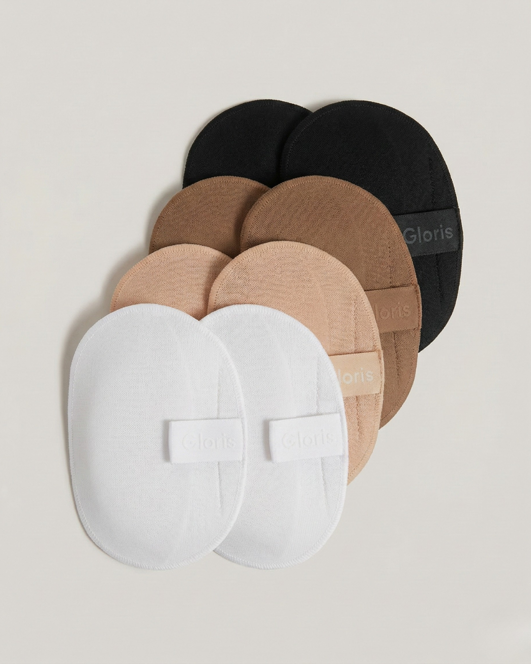 Gloris removable shoulder shapers in White, Nude, Coffee, and Black
